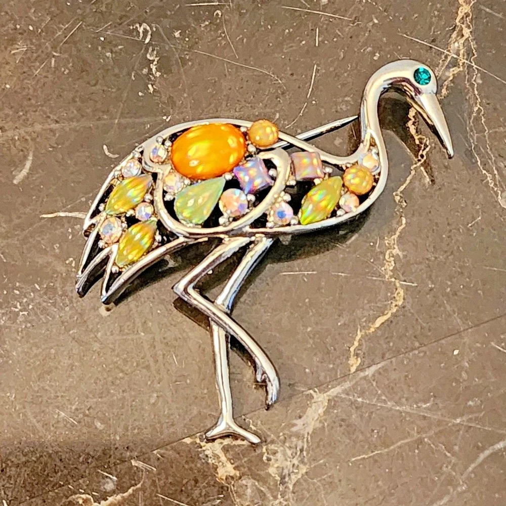 Vintage Silver Multi Color Flamingo Brooch